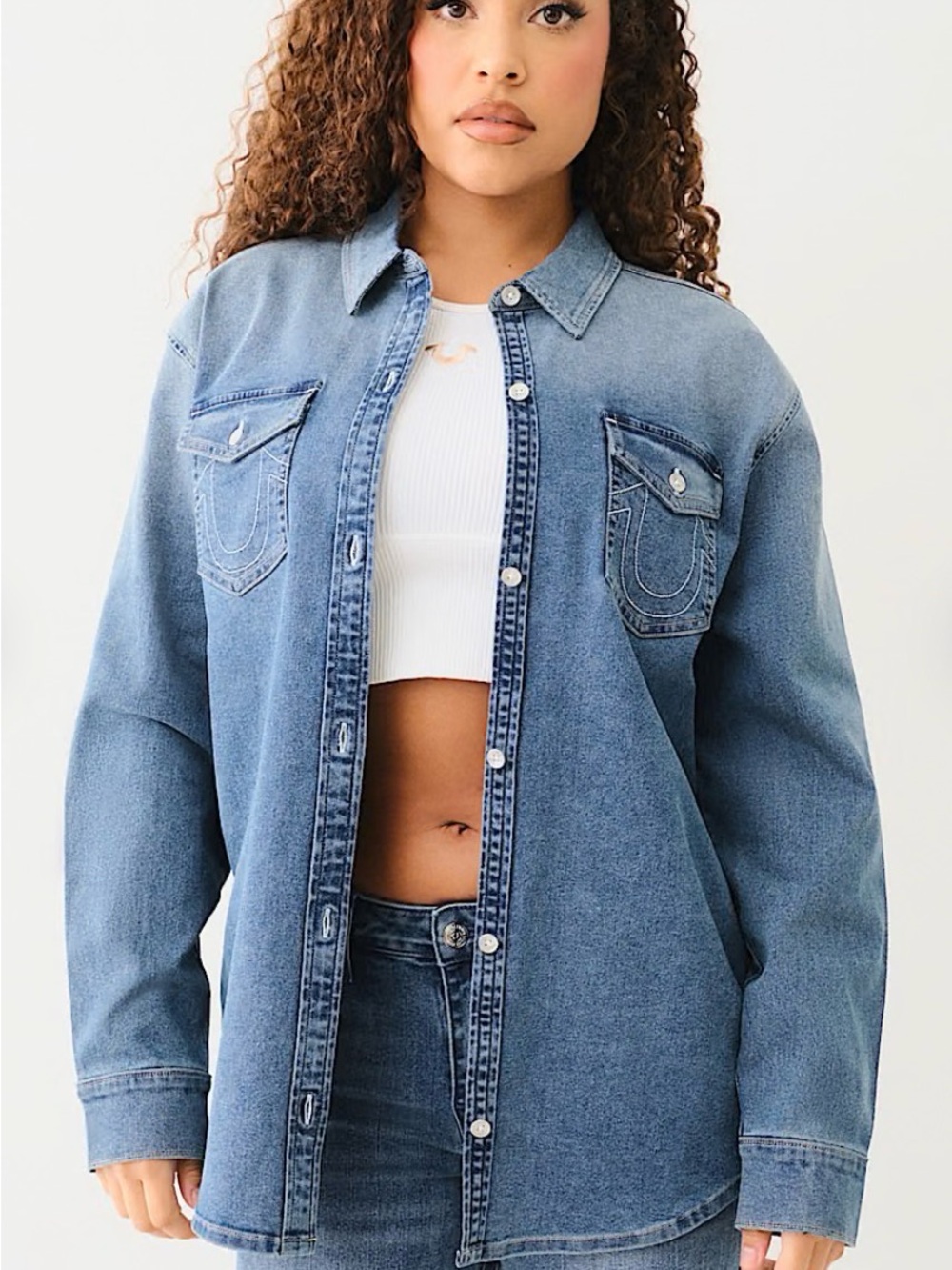 True Religion Oversized Denim Long Sleeved Shirt  in Medium Wintry Wash